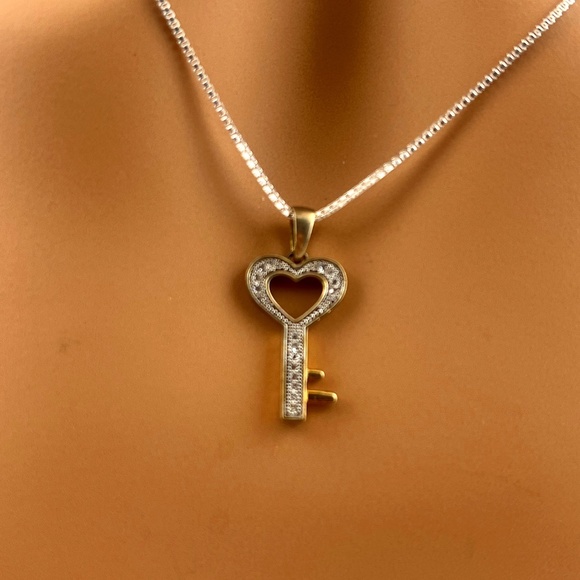 Real Diamond Heart Key necklace Gift for women, 10k Yellow Gold vermeil, SALE - Picture 1 of 3